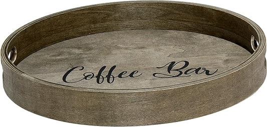 Elegant Designs HG2013-RGC Decorative 13.75" Round Wood Serving Tray w/Handles, Rustic Gray Coffee Bar