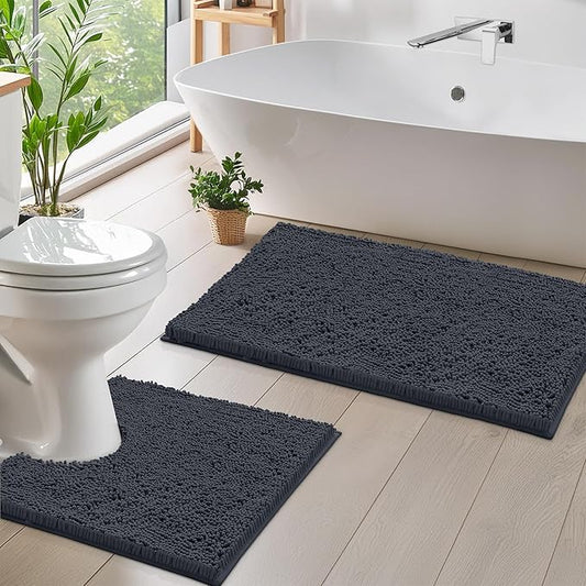 LuxUrux Bathroom Rugs Sets 2 Piece: Quick Dry, Soft Plush Anti-Slip, Super Absorbent. Includes Rectangular (31x20 inches) & U-Shaped Toilet Mat (20x20 inches) | Charcoal