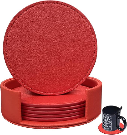 Coasters Set of 6 Soft Leather Drink Coaster Round Coaster with Sewing Around, Suitable for Various Cups, Wooden Tables,Home Decoration,4 Inches(Bright Red)