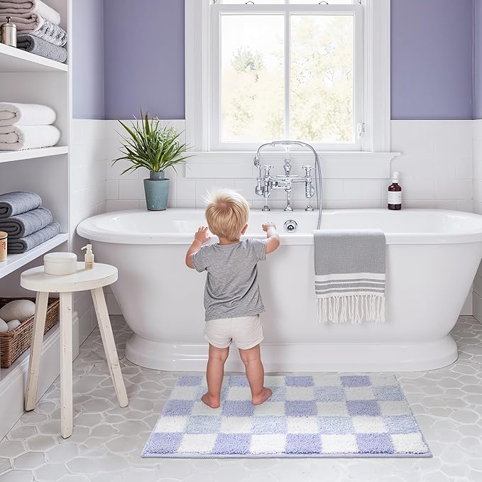 GRANNY SAYS Checkered Purple Bathroom Rugs, 32" x 20", Non-Slip Bath Mats for Bathroom, Plush Shag Absorbent Microfiber Ultra Soft Bath Mat, Cute Washable Rug for Tub, Shower, Bedroom