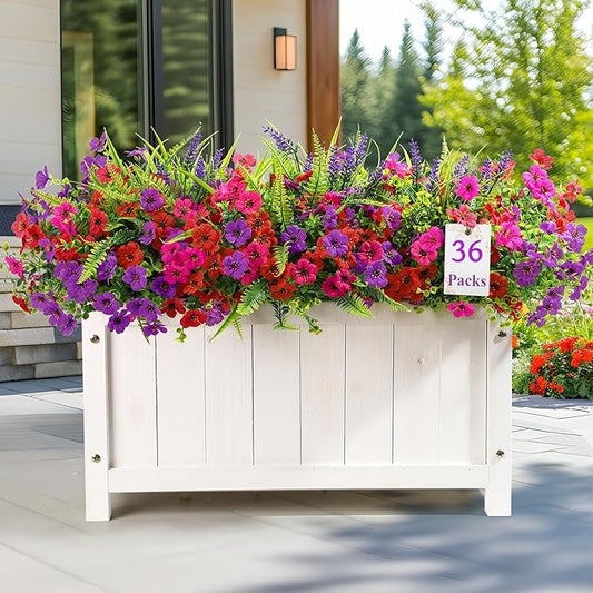 36 Bundles Artificial Flowers for Outdoors Spring Summer Decoration, UV Resistant Eucalyptus Violet and Lavender Silk Fake Plants for Outside Indoor Yard Home Patio Decor, Red Rose Purple