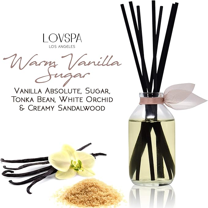 LOVSPA Warm Vanilla Sugar Reed Diffuser Set - Coconut Milk, Vanilla & Sandalwood Scent Diffuser - Reed Diffusers for Home with Long Lasting Fragrance - Non-Toxic Oil Reed Diffuser - Made in The USA