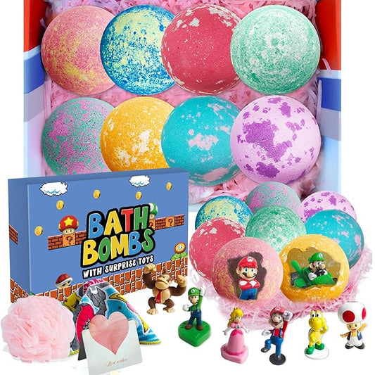 Bath Bombs for Kids: Mario Bath Bombs with Surprise Inside, Easter Bath Rich in Natural Essential Oils, Kids BathBombs Gift Set for Dry Skin Moisturize, Gifts for Toddlers (8 Pcs)