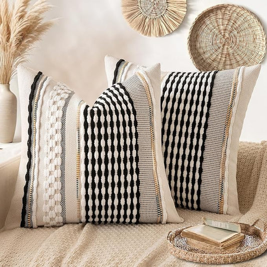 ANRODUO Pack of 2 Boho Decorative Throw Pillow Covers 18x18 Farmhouse Cushion Case Striped Chenille Pillow Cases Square Pillow Covers Accent Neutral Pillowcase for Sofa Couch Bed, Black-White Stripe