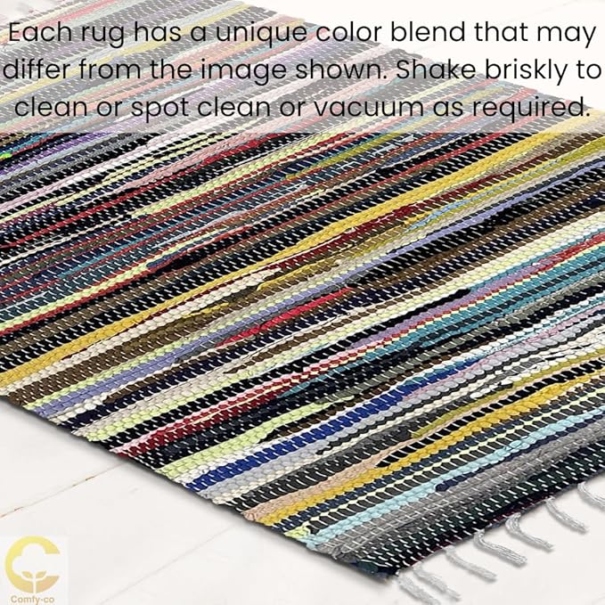 Cotton Chindi Rug with Fringes - Handcrafted Area Rag - Reversible Floor Rug for Bedroom, Living Room, Kitchen, Dorm, Entryway, Hallway - 2x3 ft (24x36 inch) Multi Colored