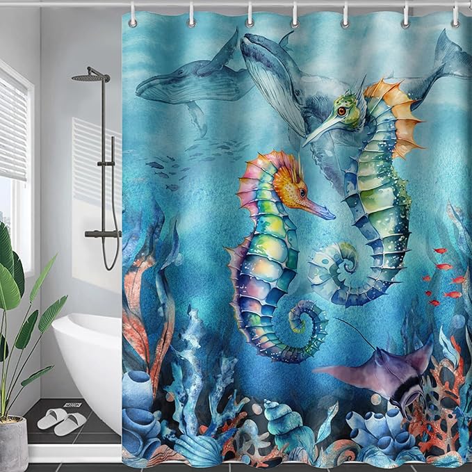 AILONEN Seahorse Shower Curtain for Bathroom,Watercolor Seahorse Bath Curtain,Blue Ocean Animal Whale Coral Fish Shower Curtain Waterproof with 12 Plastic Hooks, 48" W*72" H