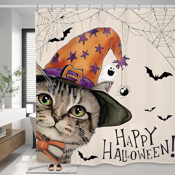 Halloween Cat Funny Shower Curtain 60Wx72L Inch Horror Spooky Scary Witch Bat Spider Animal Holiday Bathroom Set Accessories Decor with 12 Pack Hooks