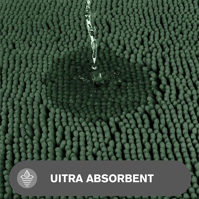 Dark Green Bathroom Rugs – Absorbent and Washable Bath Mat, Non-Slip, Thick Soft Chenille Bath Rugs for Bathroom Floor, Shower, Sink - 17" x 24"