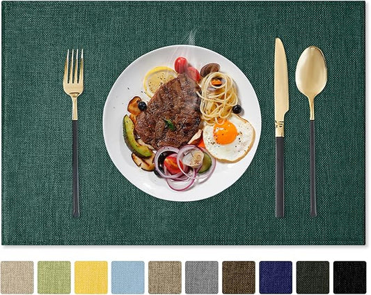 Romanstile Cloth Placemats Set of 8-12 x 18 Inch, Heat Resistant Double Layered Thickened Burlap Christmas Place Mats, Washable Linen Farmhouse Table Mats for Kitchen/Dining/Party/Outdoor, Green