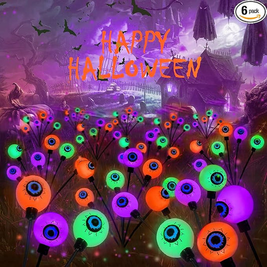 6Pack 36LED Orange,Purple and Green Solar Halloween Eyeball Lights Outdoor, Solar Garden Lights Outdoor Waterproof, Firefly Light Swaying by Wind with 2 Modes for Pathway Yard Halloween Decorations