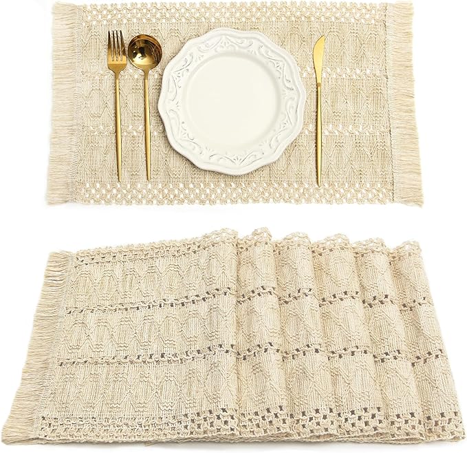 FEXIA Boho Placemats Set of 6, Macrame Table Decor and Farmhouse Style Placemats Natural Cotton Burlap, for Dining Table, Beige
