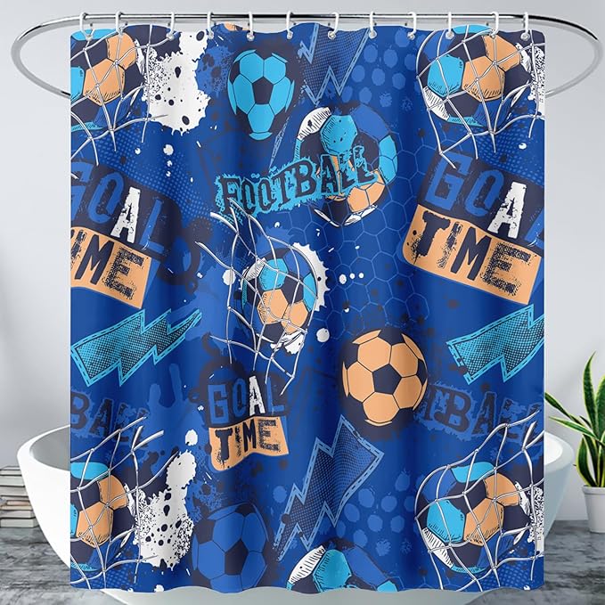 AILONEN Boys Sports Shower Curtain 72" W*96" H Soccer Bath Curtain Football Soccer Ball Printed Shower Curtain Boys Kids Teen Bathroom Curtain Decor Polyester Waterproof Curtain with 12 Hooks