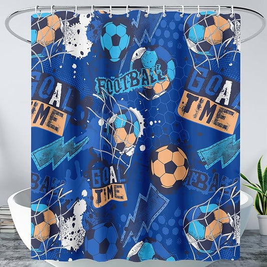 AILONEN Boys Sports Shower Curtain 72" W*78" H Soccer Bath Curtain Football Soccer Ball Printed Shower Curtain Boys Kids Teen Bathroom Curtain Decor Polyester Waterproof Curtain with 12 Hooks
