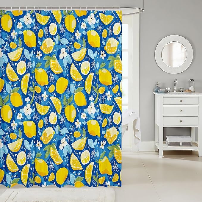 Feelyou Lemons Shower Curtain Fruits Fabric Shower Curtain for Kids Boys Girls Floral Flowers Bathroom Waterproof Accessories with 12 Hooks Blue and Yellow Curtains,72X72 Inches