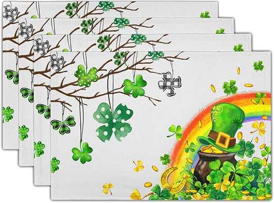Giwawa St Patricks Day Placemats Set of 4-12"x18" Lucky Clover Tree Elf Hat Place Mat- Spring Shamrock Rainbow Colorful Linen Washable Table Mats for Kitchen Dining Holiday Party Tabletop Decor
