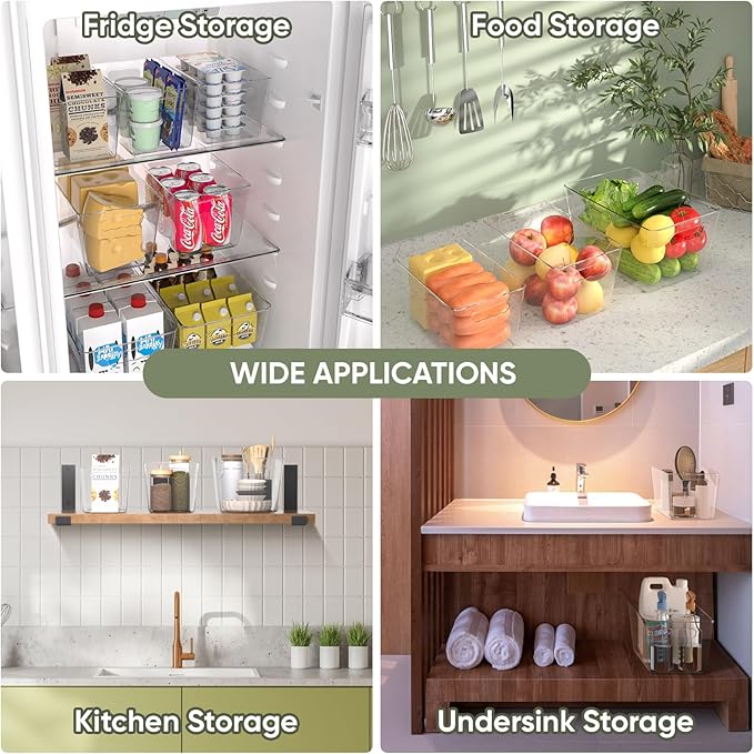 BALEINE Clear Plastic Storage Bins, Pantry Organization, BPA Free Stackable Refrigerator Organizers and Storage with Handles for Kitchen Fridge Cabinet Bathroom (6PK, 11x7.5x6)