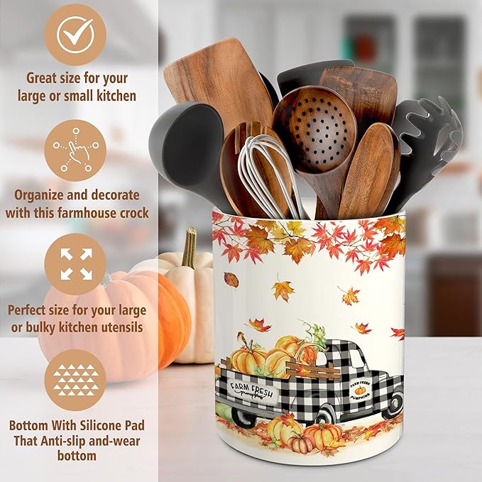 pinata Fall Kitchen Decor Ceramic Utensil Holder, Farmhouse Fall Truck Pumpkin Utensils Holder, Ceramic Utensils Crock for Rustic Indoor Kitchen Decorations(6.3 Inches)