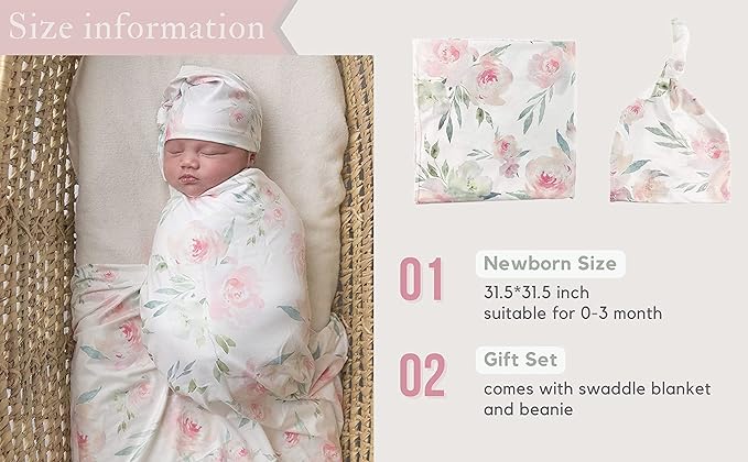 Baby Receiving Blanket Swaddle Blanket Newborn Wrap Swaddle Headband Set -Bloom Flower Pattern (Pink 3)