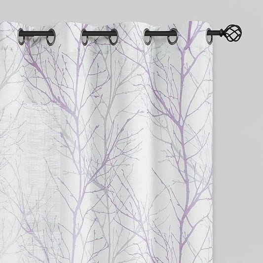 FMFUNCTEX Linen Semi Sheer Curtains for Bedroom, Lilac White Curtains 63 Inches Long for Living Room, Grey Tree Branch Patterned Curtain Light Filtering Farmhouse Window Drapes, Grommet Top 2 Panels