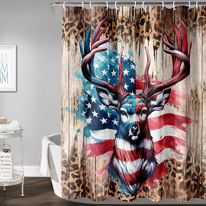AILONEN Deer Hunting Shower Curtain for Bathroom Decor,American Flag Elk Bath Curtain for Kids Boys Teens,Safari Deer Print Curtain,Polyester Waterproof with 12 Plastic Hooks 60" W*72" H