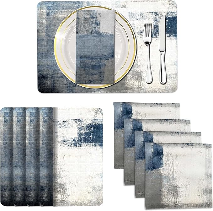 MCALK 4 Each Blue Placemats and Cloth Napkins Set of 8, Modern Abstract Art Painted Placemat for Home Kitchen Decor (Placemats 18 "x12 Cloth Napkins 18 "x18)