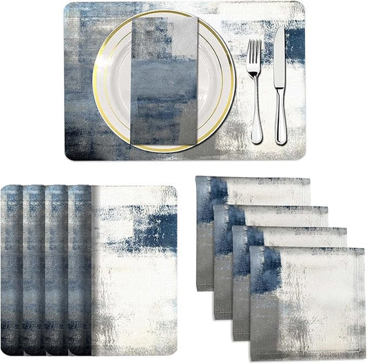 MCALK 4 Each Blue Placemats and Cloth Napkins Set of 8, Modern Abstract Art Painted Placemat for Home Kitchen Decor (Placemats 18 "x12 Cloth Napkins 18 "x18)