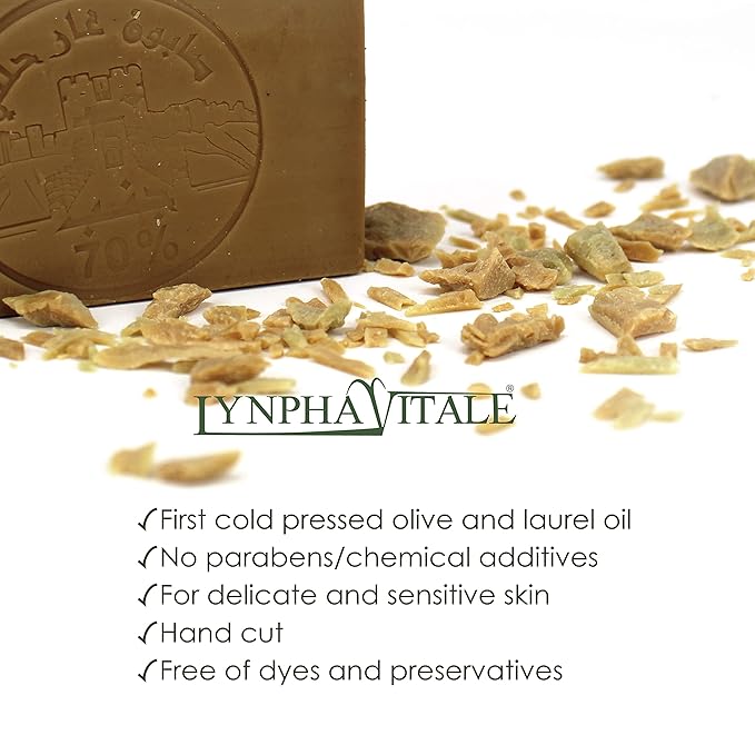 LYNPHA VITALE Aleppo Soap Bar with Olive Oil and 70% of Laurel Oil – Handmade Soap for Sensitive Skins, Original Recipe - 100% Natural and Biodegradable - 1x4,41 oz