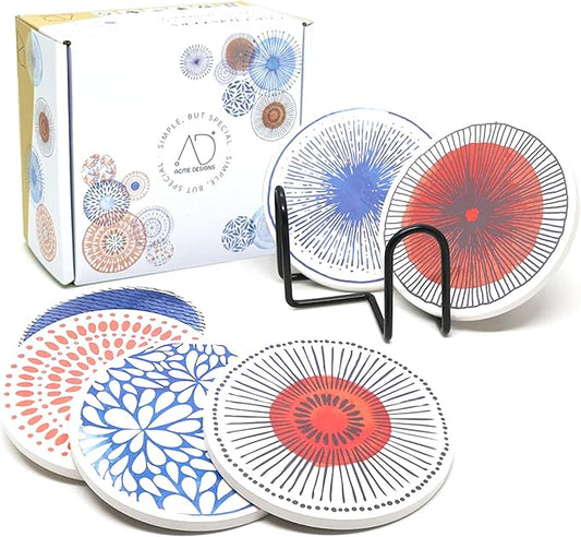 AD Set of 6 Coasters for Drinks Absorbing Round Ceramic Stone Coaster with Cork Base Tabletop Protection Mat for Mugs and Cups,Office,Kitchen (Colorful 2 with Holder)