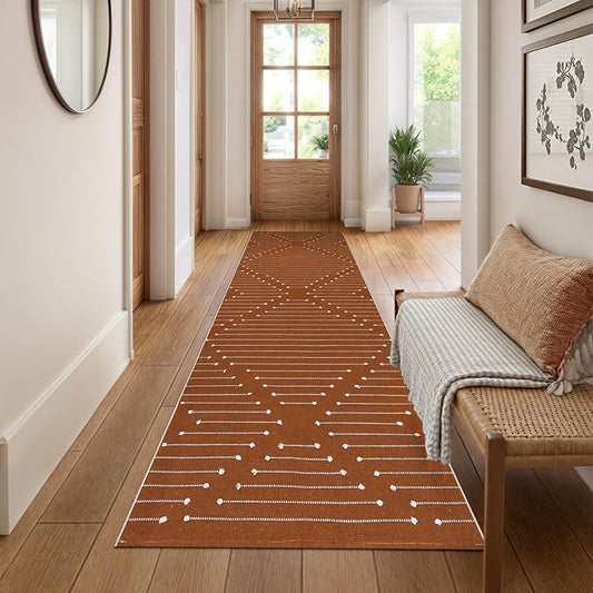 LIVEBOX Burnt Orange Runner Rug for Kitchen, 2'x8' Boho Washable Rug Runner for Hallway,Moroccan Cotton Long Entryway Area Rug Indoor Carpet for Bedroom Laundry Doorway Entry