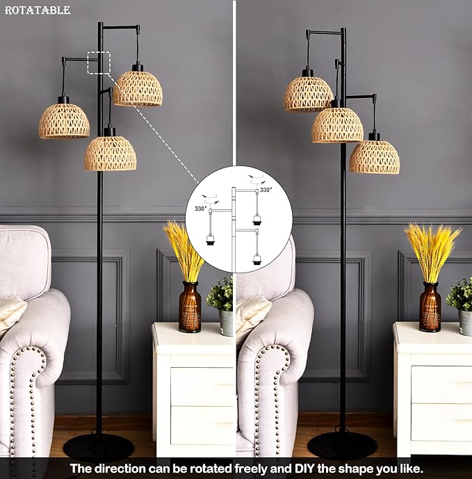 Floor Lamp for Living Room,Bedroom,3-Lights Boho Rattan Floor Lamps,Tree Farmhouse Industrial Black Standing Lamp Wicker Rustic Tall Lamp,Woven Bamboo LampShade Floor Light Bohemian