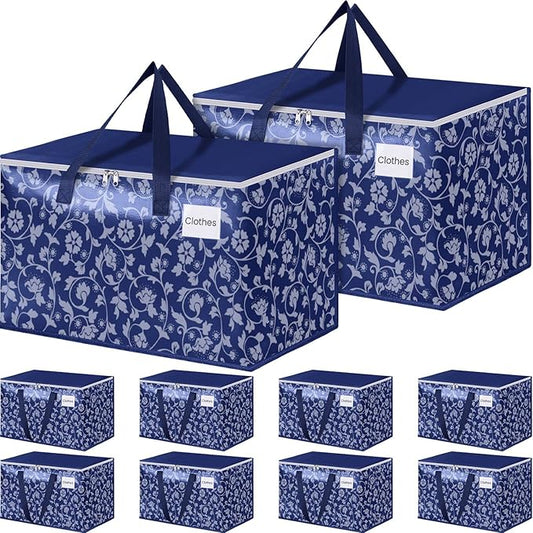 HomeHacks Moving Bags, Extra Large Size Moving Boxes, Heavy Duty Luggage Bags with Smooth Zipper and Sturdy Handles, Large Capacity & Easy Loading Storage Totes for Space Saver 125L, 10-Pack, Blue