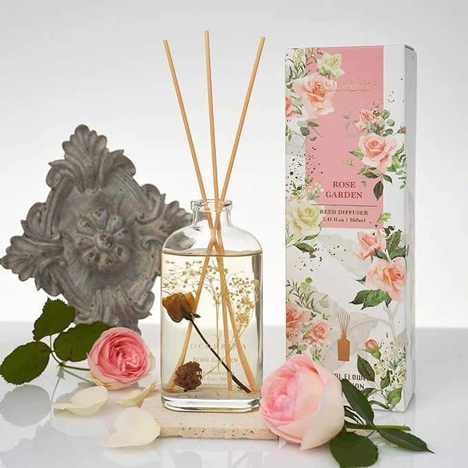 COCORRÍNA Reed Diffuser - Rose Garden 5.41 oz Flower Reed Diffuser Set with Sticks, Bedroom Bathroom Shelf Decor (Scented Blooms Collection)