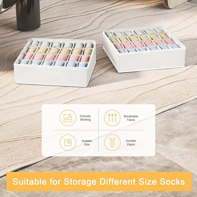Joyoldelf Sock Organizer Drawer Organizer - 2 Packs Underwear Organizer, 48 Cells Collapsible Closet Organizers and Storage Sock Holders Organizers for Storing Socks, Ties, Belts(White)