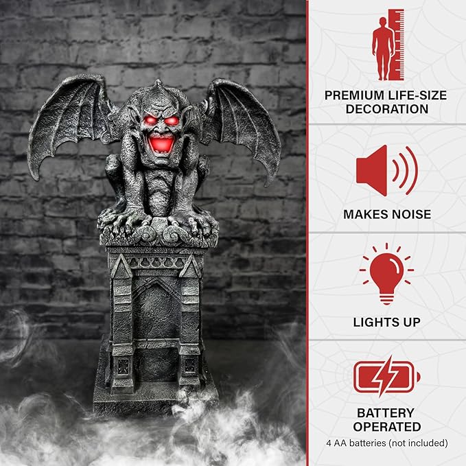 Haunted Hill Farm Motion-Activated 3.2-Ft. Tall Gargoyle, Battery Operated Scare Prop with Spooky Sound Effects and Lights for Indoor or Covered Outdoor Creepy Halloween Decoration