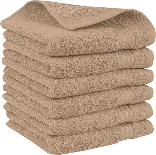 Elegant Comfort Premium Turkish Cotton 6 Pack Washcloths Set - 13 x 13 inch, Luxurious Hotel Spa Quality 100% Turkish Cotton 6PC Washcloth Set - Highly Absorbent - Soft Bathroom Towels, Taupe
