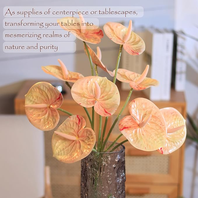 10pcs Artificial Anthurium,28 Inch Faux Tropical Plants Tailflowers,Realistic Flamingo Flower for Home Decor Centerpiece Wedding Bouquet Bonsai,Champagne