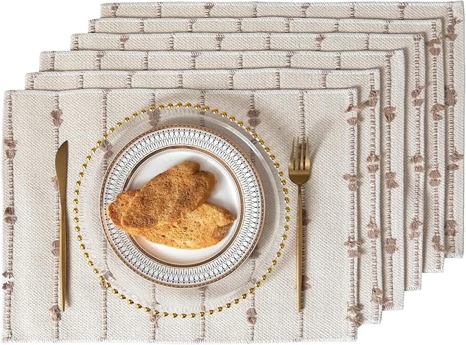 Boho Placemats Set of 6 for Dining Table Decor, Woven Cloth Place Mats for Farmhouse Rustic Kitche Home Decor, Cotton Placemats 13 x 19 Inch, Taupe and Beige Table mats