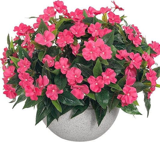 Spring Decorations for Home Flowers Fake Plants Fake Flowers Artificial Impatiens Bouquet Flowers for Outdoors Silk Faux Flowers Impatiens Plants Decor Indoor Planters 15.7" (Rose Red) 8PCS
