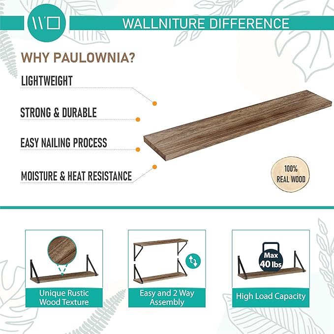 Wallniture Bora Floating Shelves for Wall, 24"x6" Bathroom Storage Shelves, Rustic Wood Shelf Set of 3, Burned Finish