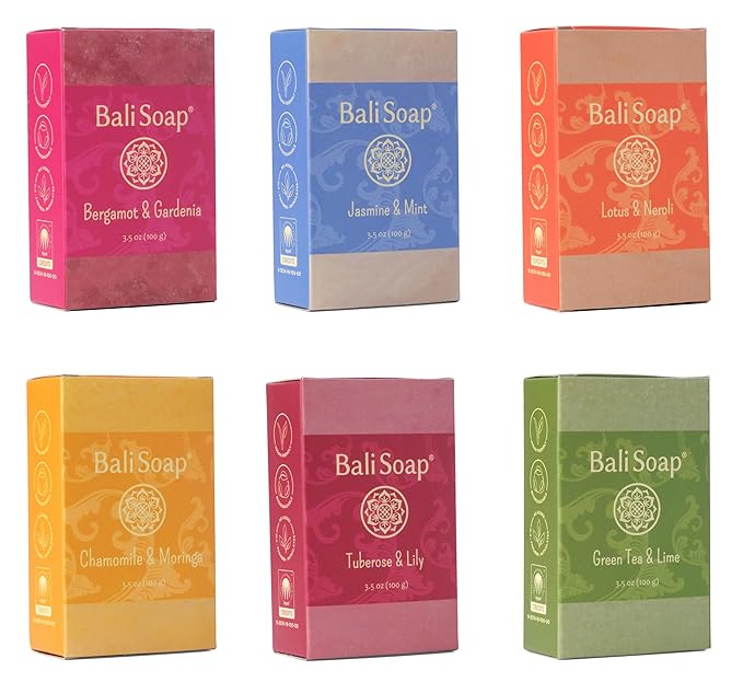 Bali Soap - Feminine Collection Natural Soap Bar Gift Set, 6 pc Variety Pack, Bergamot-Gardenia, Jasmine-Mint, Lotus-Neroli, Chamomile-Moringa, Tuberose-Lily, Greentea-Lime 3.5 Oz each