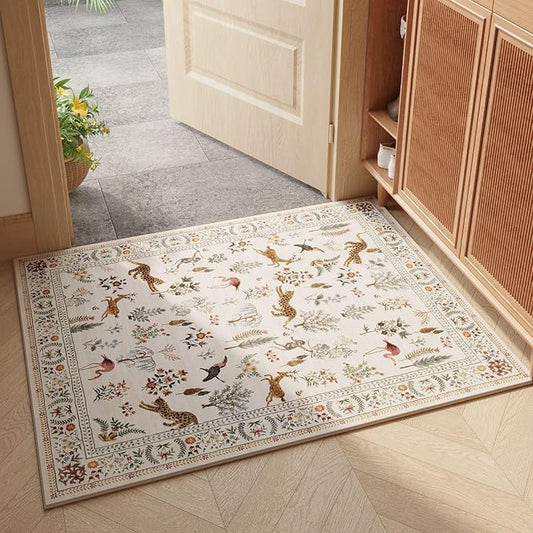 Door Mat Indoor Entrance 2x3 Rug Machine Washable Boho Floral Animal Small Area Rug Non-Slip Low Pile Throw Rugs for Entryway, Kitchen, Front Door Indoor Entrance, Entry, Kids Room (Beige)
