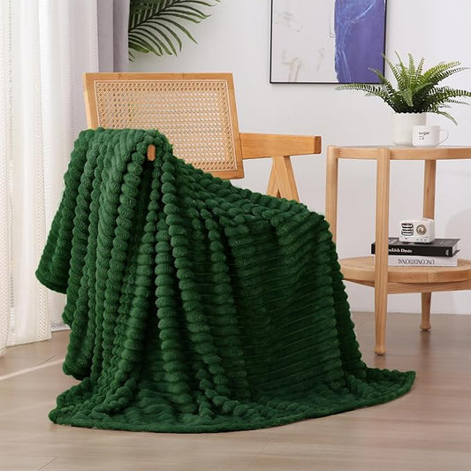 Green Fleece Throw Blanket 50”×60” for Couch Sofa Bed,Super Soft Cozy Plush Microfiber Flannel Blanket with Stripes Design Lightweight for Adults Woman Girls