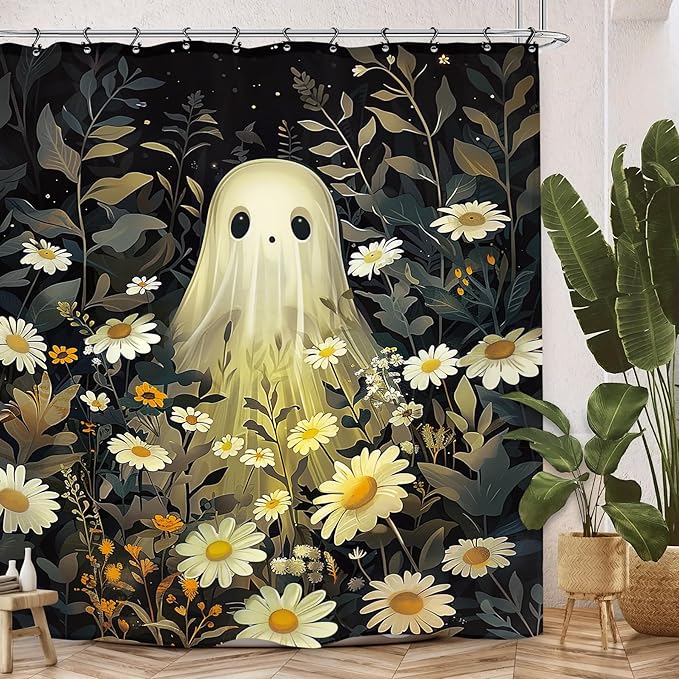Halloween Ghost Shower Curtain 60Wx72L Inch Gothic Daisy Night Leaves Flower Floral Holiday Bathroom Set Accessories Decor with 12 Pack Hooks