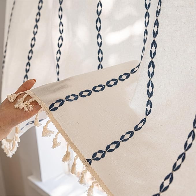 Sutuo Home Boho Valance Curtain 18 inches for Cafe Dining Room, Short Farmhouse Vintage Tassels Window Treatment Bohemian Embroidery Drape, Rod Pocket 1 Panel 52" W x 18" L, White and Navy Blue