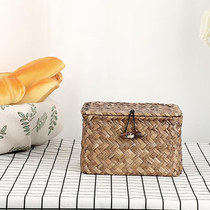 Hipiwe Seagrass Basket with Lid Wicker Storage Basket Square Handwoven Decorative Baskets Box for Shelf Multipurpose Household Baskets Home Decor,X-small