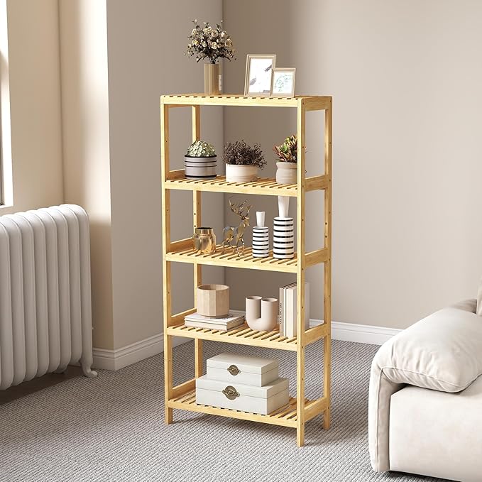 kinbor 5-Tier Bamboo Shelf Freestanding - Space-Saving Bathroom Standing Shelf & Plant Stand, 5 Shelf Bookcase for Kitchen, Living Room, Office (Natural Bamboo, Easy Assembly)