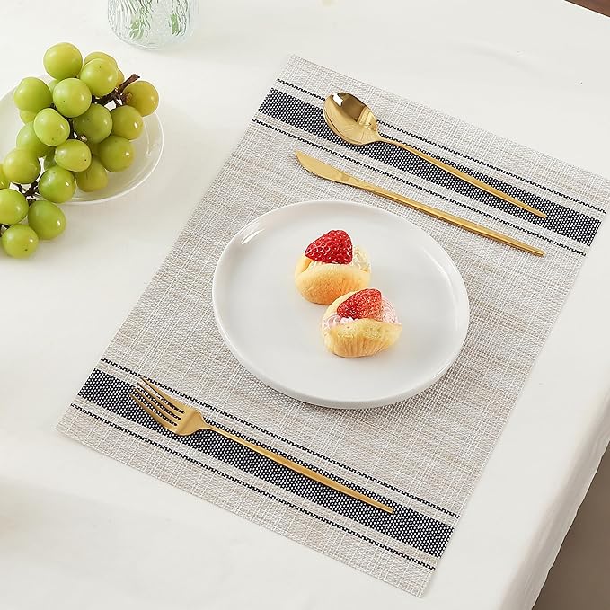 Leetaltree Khaki-Blue Placemats, Heat Resistant Non-Slip Place mats for Dining Table, Washable Durable PVC Vinyl Woven Table Mats (Set of 12)