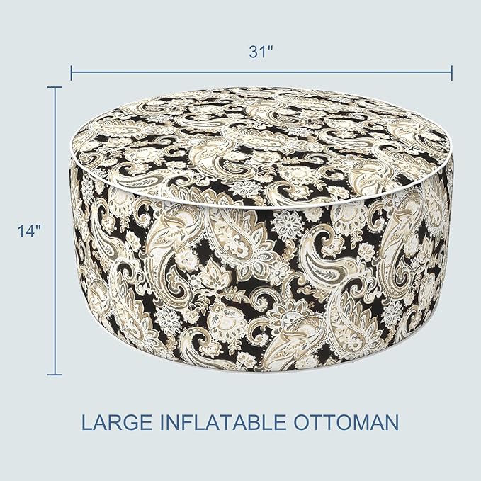 LVTXIII Indoor/Outdoor Inflatable Ottoman, D31 x H14 Inch Large Round Ottoman, All Weather Foot Rest Stool, Portable Footrest for Patio, Garden, Camping and Home - Paisley Black