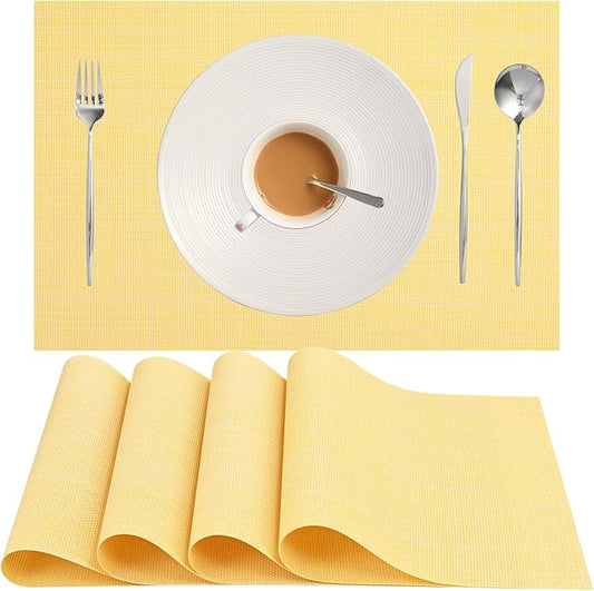 Zupro Placemats Set of 4 Washable Heat-Resistant Non Slip Braided Table Mats Woven PVC Vinyl Kitchen Dining Patio Table Place Mats for Dinner Parties BBQs Indoor and Ourdoor Use.18"x12"(Light Yellow)