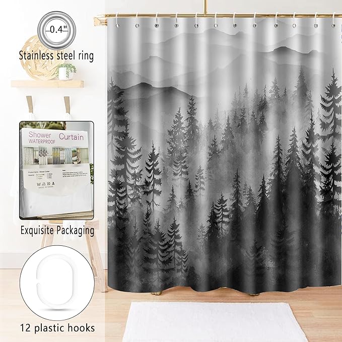 Foggy Mountain Shower Curtain Sets ature Woodland Forest Shower Curtains with 12 Hooks (Forest, 72" x 72")